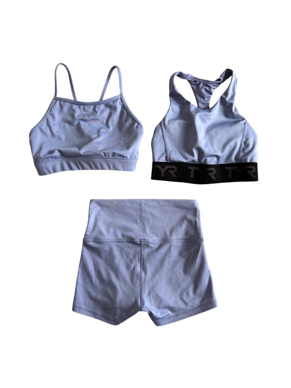 TYR Women's Sz S/M Activewear Set 3-Piece Lavender Sports Bras & Shorts